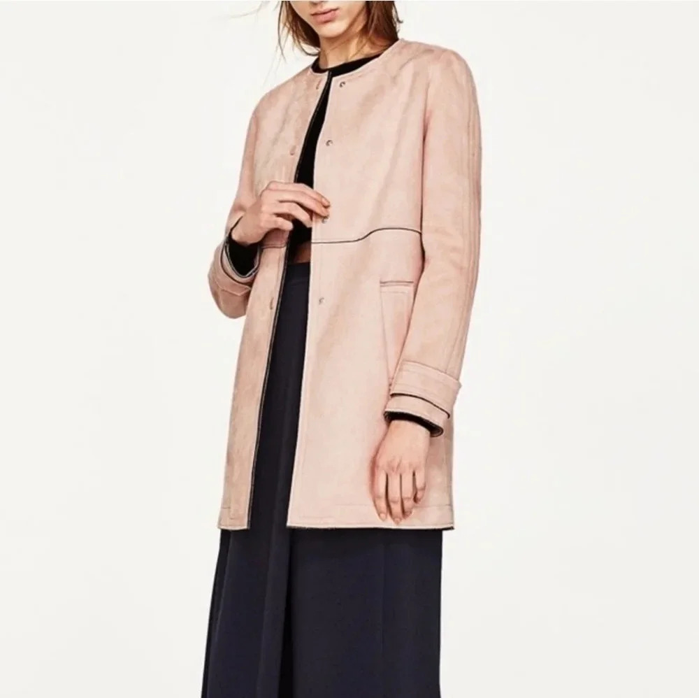ZARA BASIC Size Small Faux Suede Trench Coat Outerwear Light Pink